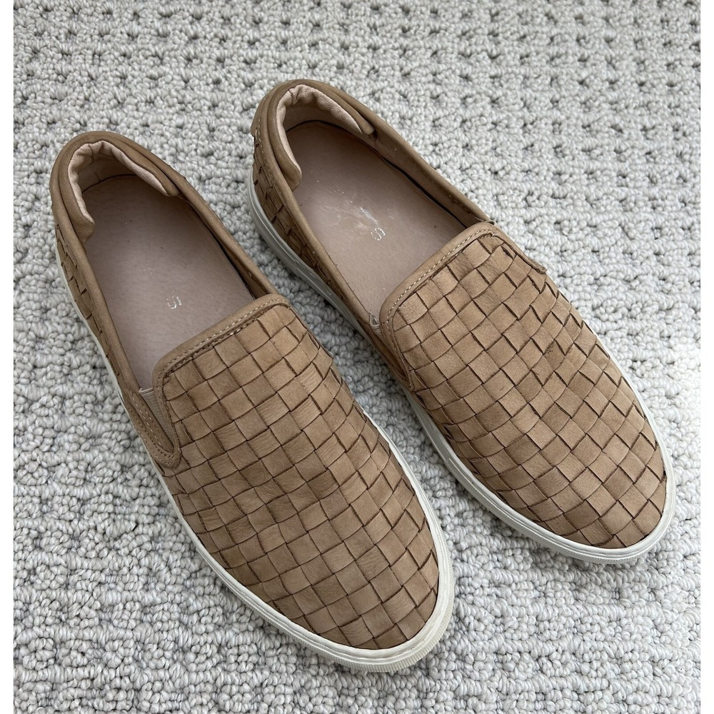 J/Slides Womens Proper Nubuck Platform Slip On Sneaker Sz 8.5 Tan Woven Leather